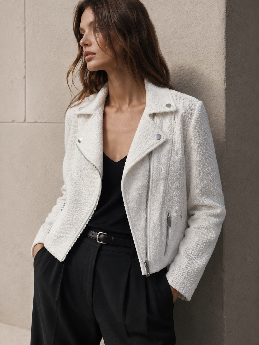 NINE WEST Soft White Bouclé Moto Jacket | Textured Zip Front Blazer | Size Small